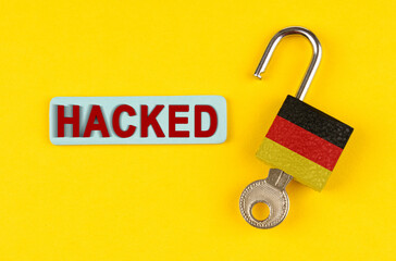 Poster - On the yellow surface is an open lock with a key and a sticker with the inscription - hacked