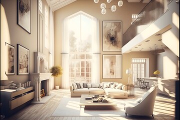 Wall Mural - Modern living room with whole Room natural day light, generative ai, high ceiling, and warm whitenatural light as the wall blends in with the furniture's design.