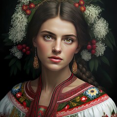 Beautiful woman wearing national Ukrainian clothing, Vyshyvanka embroidered dress, Generative Ai Character not real person