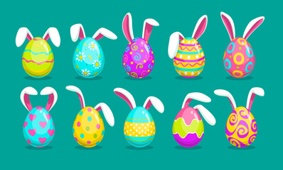 Sticker - Set of Easter Eggs with cute white bunny ears.