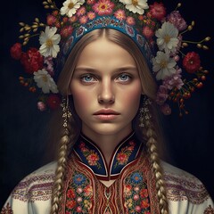 Beautiful woman wearing national Ukrainian clothing, Vyshyvanka embroidered dress, Generative Ai Character not real person