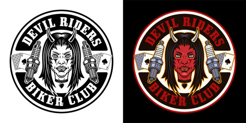 Biker club vector emblem, logo, badge, label, sticker or print with devil girl head and spark plugs. Illustration in two styles black on white and colorful on dark background