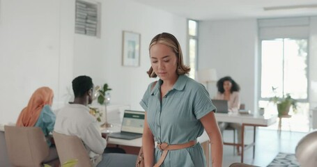 Aufkleber - Business woman, phone and laptop to start work while walking to a office desk in a creative workplace. Entrepreneur person on internet with company wifi for research, coworking and planning or email