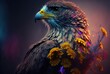 Perched hawk with intense predatory gaze - stealthy and perfectly camouflaged in colorful flower field - generative AI illustration.