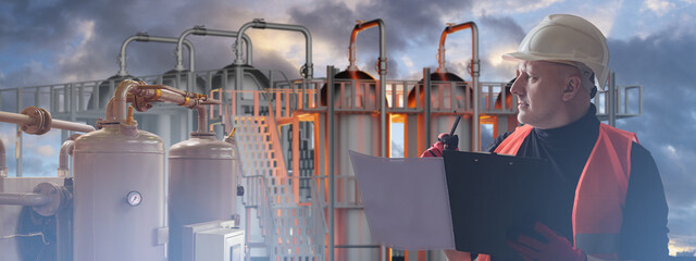 Poster - inspector checks chemical factory. man with clipboard stands near factory. engineer is designing che