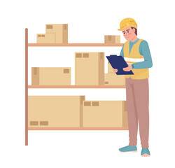 Poster - Warehouse manager standing near shelves with boxes semi flat color vector character. Editable figure. Full body person on white. Simple cartoon style illustration for web graphic design and animation