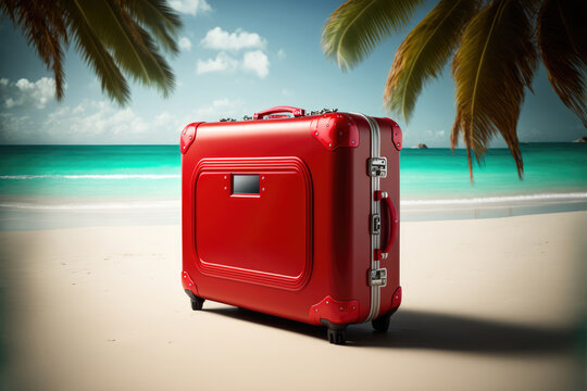 red suitcase on white sand on the beach under palm trees.Generative AI. 