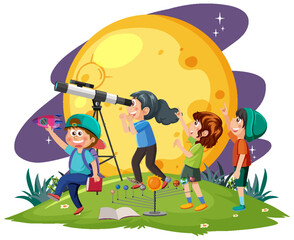 Wall Mural - Kids observing through telescope