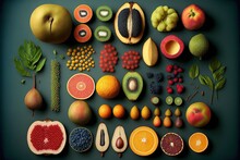 Knolling Of Perfect Fruit. Ripe Fruit Set. Apples, Grapes, Orange, Pomegranate, Kiwi And Others. Generative AI