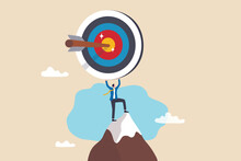 Business Target, Aiming High Goal, Objective Or Purpose, Skill Or Aspiration To Achieve Target, Precision Or Accuracy Concept, Success Businessman Holding Big Target With Arrow Hit Bullseye Center.
