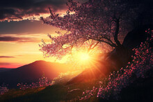 Spring Background With A View Of A Cherry Blossom And The Setting Sun. Shadowed Mountains In The Background. Landscape With Flowery Meadow And Plants. Seasonall Backdrop. 3d Rendered. 