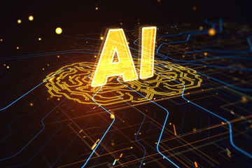 Wall Mural - Futuristic design of artificial Intelligence ai brain with circuit board. Learning process and problem solving concept. Abstract digital technology grid texture. 3D Rendering.