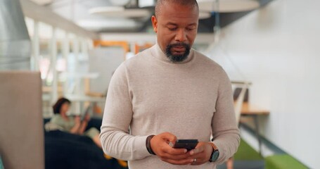 Poster - Phone, walking and man in office startup for creative networking, social media and email on mobile technology. African worker, person or employee in workspace on smartphone chat for career goals