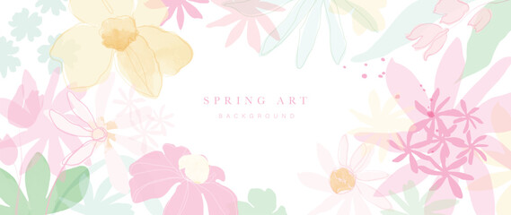 Wall Mural - Abstract spring floral art background vector illustration. Watercolor hand painted botanical flower, leaves and nature background. Design for wallpaper, poster, banner, card, print, web and packaging.