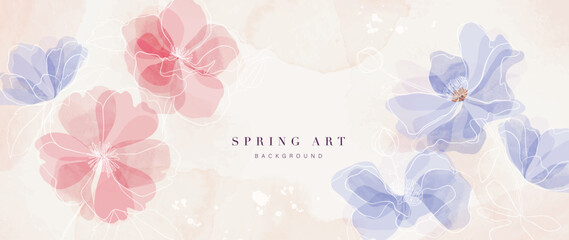 Wall Mural - Abstract spring floral art background vector illustration. Watercolor hand painted botanical flower and line art background. Design for wallpaper, poster, banner, card, print, web and packaging.