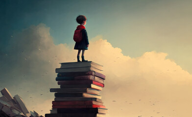 a child standing among many books