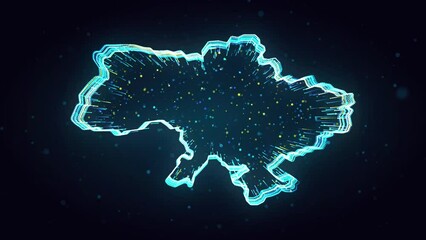 Wall Mural - Abstract Blue Yellow Shiny Mainland Ukraine Map 3d Lines Effect And Twinkle Stars Particles Motion Reveal On Dark Blue Glitter Dust, 5-15 Sec Seamless Loop