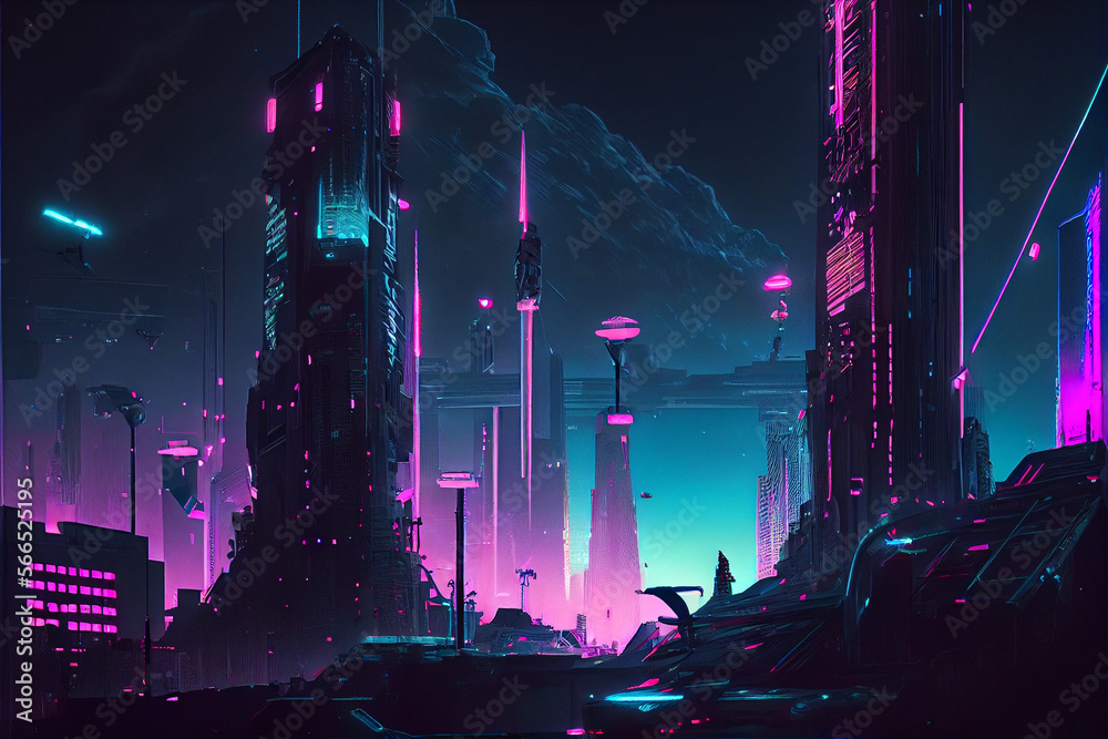 Стокова ілюстрація cyberpunk city night with blue and pink neon lights ...