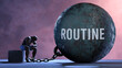 Routine - a gigantic and unmovable weight chained to a vulnerable and suffering person in pain, misery and helplessness. Cold and tragic condition created by Routine ,3d illustration