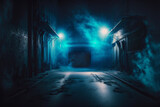 Fototapeta Uliczki - Science fiction interior scene- sci-fi corridor render scene with neon lights and smoke created with Generative AI technology	