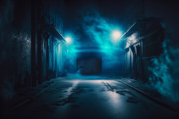 science fiction interior scene- sci-fi corridor render scene with neon lights and smoke created with