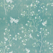 Seamless Pattern With Magnolia Tree And Birds. Turquoise Background.