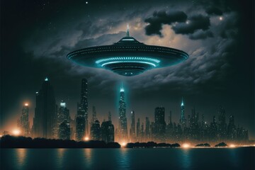 Wall Mural - Ufo flying over city made with generative ai