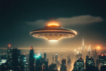 Wall Mural - city night nad ufo above made with generative ai