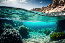 Underwater Photography Of The Sandy Bottom And Marine Life. Based On Generative AI