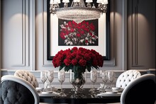 A Luxurious Valentine's Day Dining Room With A Crystal Chandelier And A Bouquet Of Red Roses Generative Ai