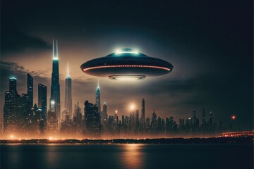 Wall Mural - ufo over the city at night made with generative ai