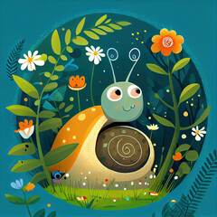 Wall Mural - A snail in a bush of flowers.Character Design. Concept Art Characters. Book Illustration. Video Game Characters. Serious Digital Painting. CG Artwork Background. Generative AI
