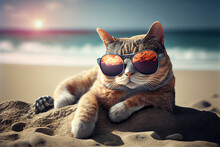 Cat Relaxing On A Sand Beach Near The Sea, Generative AI