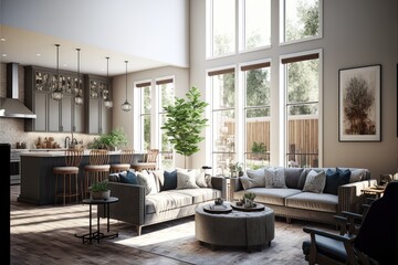 Wall Mural - Open-concept living room interior design with a spacious floor plan, large windows, and a neutral color scheme generative ai