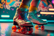 close up of feet wearing colorful 80's roller skates - AI generative