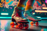 close up of feet wearing colorful 80's roller skates - AI generative