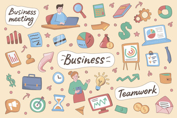 Poster - Business cute stickers set in flat cartoon design. Collection of teamwork, target, financial analysis, briefcase, calculator, work and other. Vector illustration for planner or organizer template