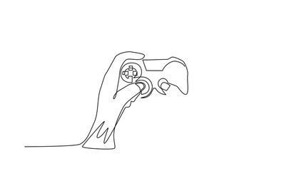 Poster - Animated self drawing of continuous line draw young man hands holding video game console. Gamer holding in hand gamepad. Man playing video game. Leisure time at home. Full length one line animation