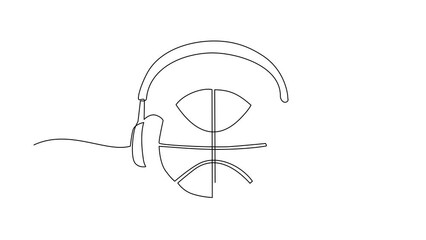 Poster - Self drawing animation of single line draw basketball ball with headphone. Basketball commentator sport icon. Flat cartoon style suitable for web, banner. Continuous line draw. Full length animated