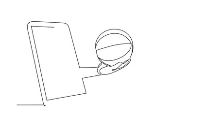 Poster - Animated self drawing of continuous line draw player hand holds basketball ball through mobile phone. Smartphone with app basketball. Mobile sports stream championship. Full length one line animation
