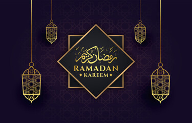 elegant ramadan kareem illustration with beautiful islamic ornament and dark purple background desig