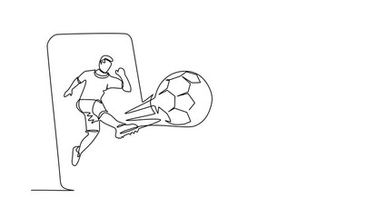 Poster - Animated self drawing of continuous line draw soccer player shooting ball, getting out of screen. Mobile sports play match. Online soccer game with live mobile app. Full length one line animation