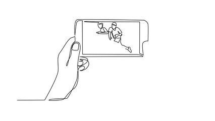 Poster - Self drawing animation of single line draw soccer league live streaming on mobile phone. Man hands holding smartphone, watch any live football match online. Continuous line draw. Full length animated