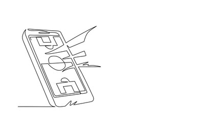 Poster - Animated self drawing of continuous line draw smartphone with app soccer football and ball. Mobile sport stream championship. Online football games. Mobile football. Full length single line animation