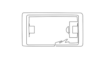 Poster - Self drawing animation of single line draw football field, ball in screen. Smartphone with app soccer football. Mobile sports stream championship to play. Continuous line draw. Full length animated