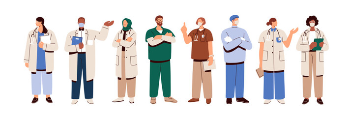 Wall Mural - Doctors, medics set. Physicians, therapists, paramedics, hospital workers. Medical staff, general practitioners, surgeons in uniform. Flat graphic vector illustrations isolated on white background