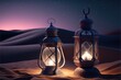 Islamic muslim holiday background with golden eid lamps in the desert with moonlight. Generative AI