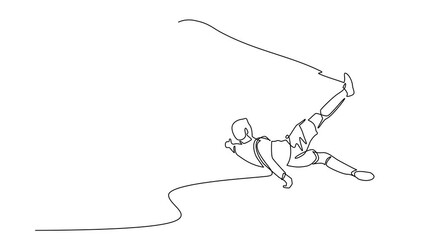 Poster - Self drawing animation of single line draw soccer player doing overhead kick shot. Soccer player in action of jump over kick soccer ball to make score goal. Continuous line draw. Full length animated
