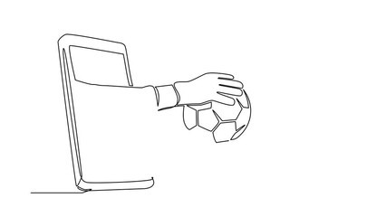 Poster - Animated self drawing of single line draw goalkeeper holds soccer ball through mobile. Concept for online games, sports broadcasts. Smartphone app soccer. Continuous line draw. Full length animated