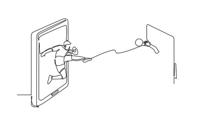Poster - Self drawing animation of single line draw football player kicking ball, goalkeeper saving goal on smartphone. Online football. Applications. Football. Continuous line draw. Full length animated